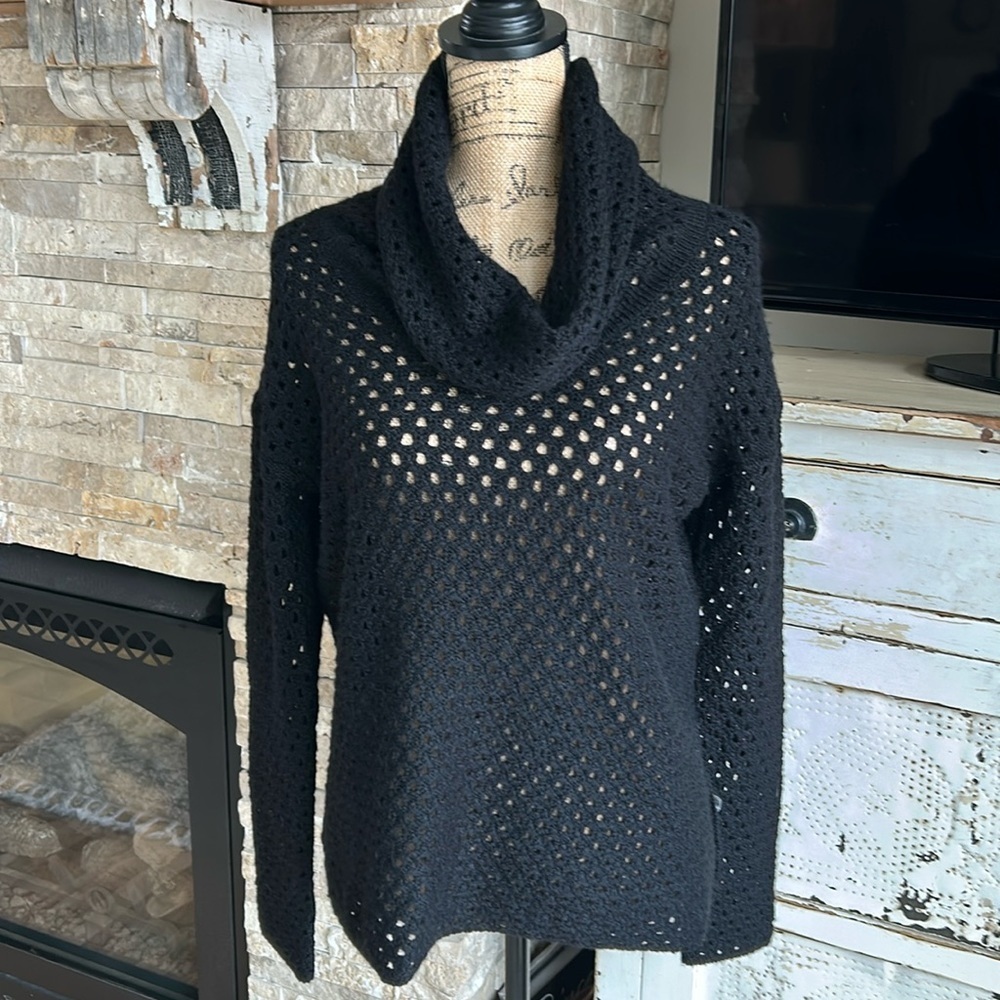 James Perse open knit long sleeve cowl neck black sweater with side slits